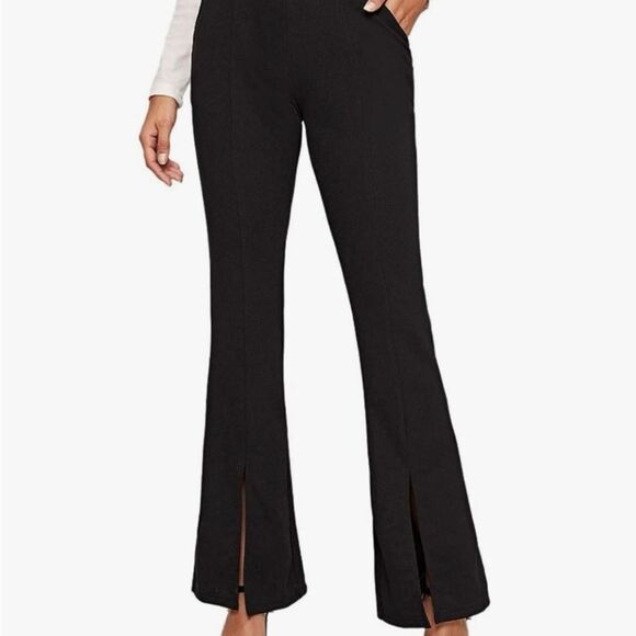 Women's Elastic High Waist Split Hem Flare Leg Long Pants Leggings M Black - Picture 1 of 9